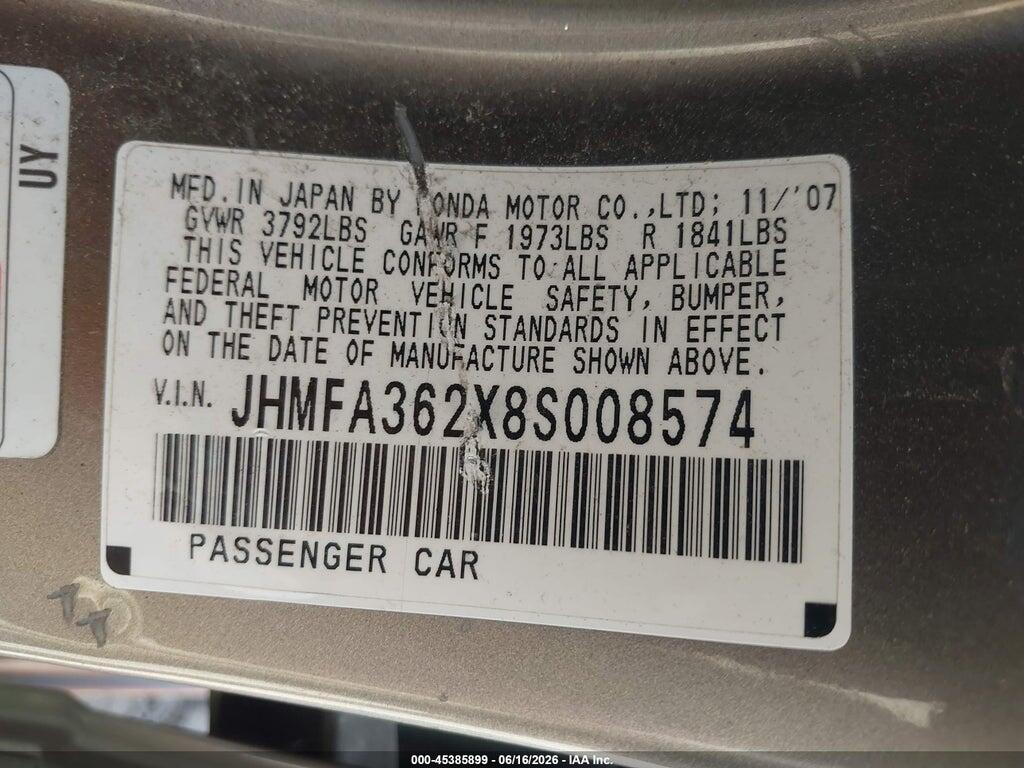 JHMFA362X8S008574 2008 HONDA CIVIC HYBRID photo no. 9
