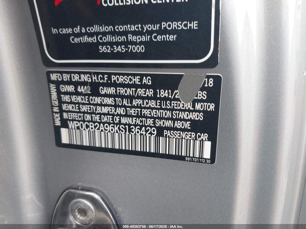 WP0CB2A96KS136429 2019 PORSCHE 911 photo no. 9