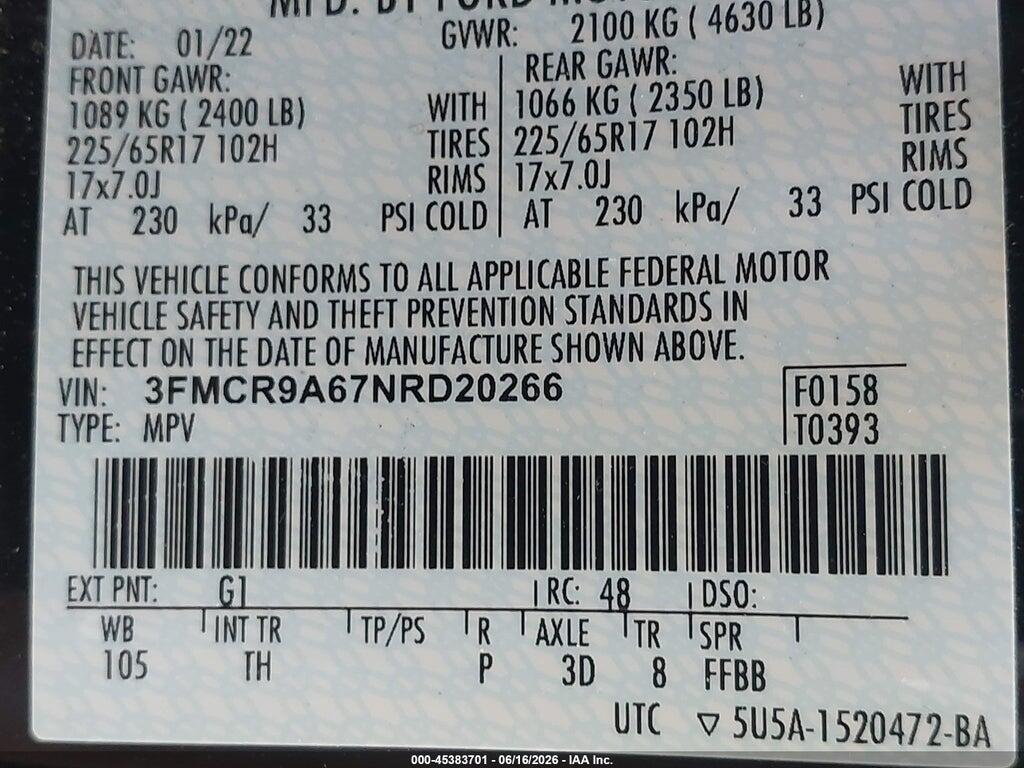 3FMCR9A67NRD20266 2022 FORD BRONCO SPORT photo no. 9