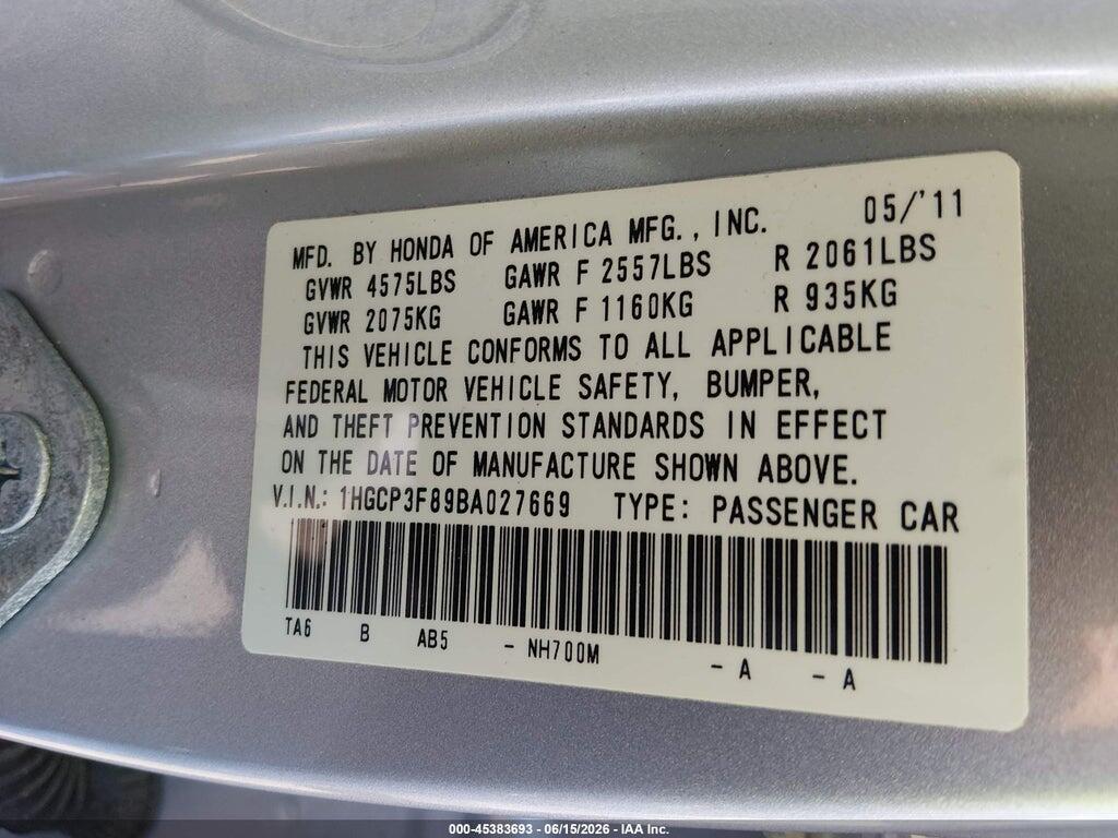 1HGCP3F89BA027669 2011 HONDA ACCORD photo no. 9