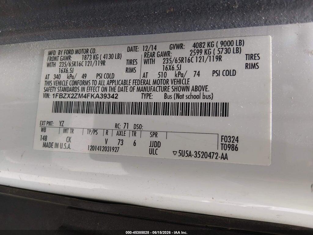 1FBZX2ZM4FKA39342 2015 FORD TRANSIT-350 photo no. 9