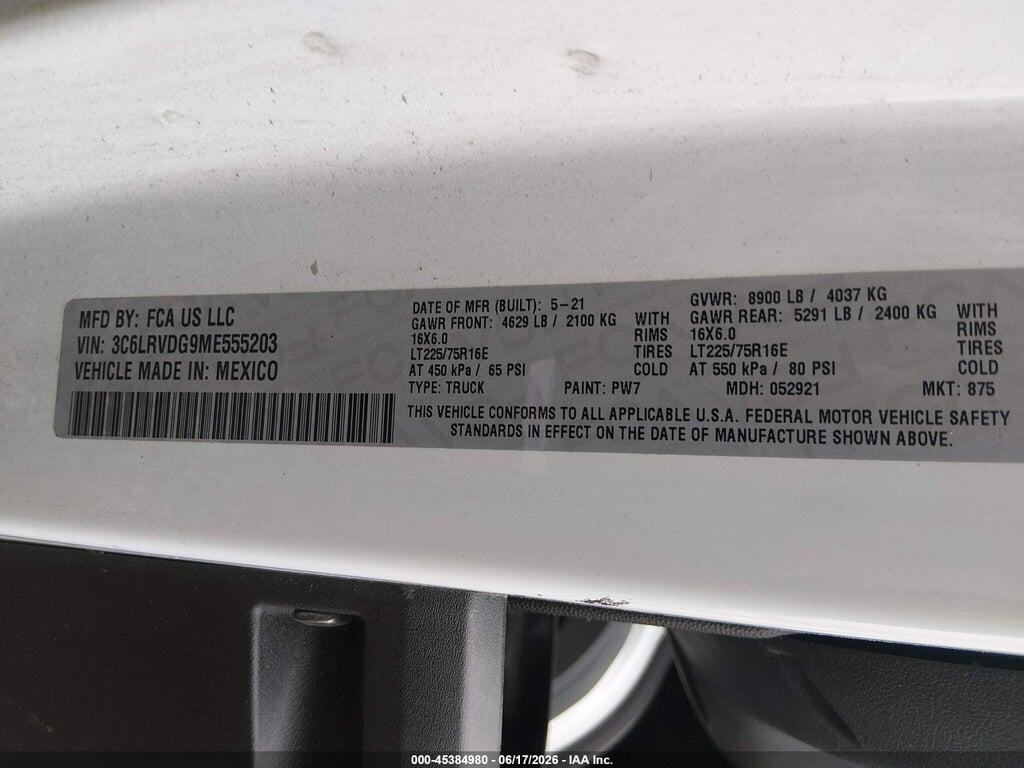 3C6LRVDG9ME555203 2021 RAM PROMASTER 2500 photo no. 9