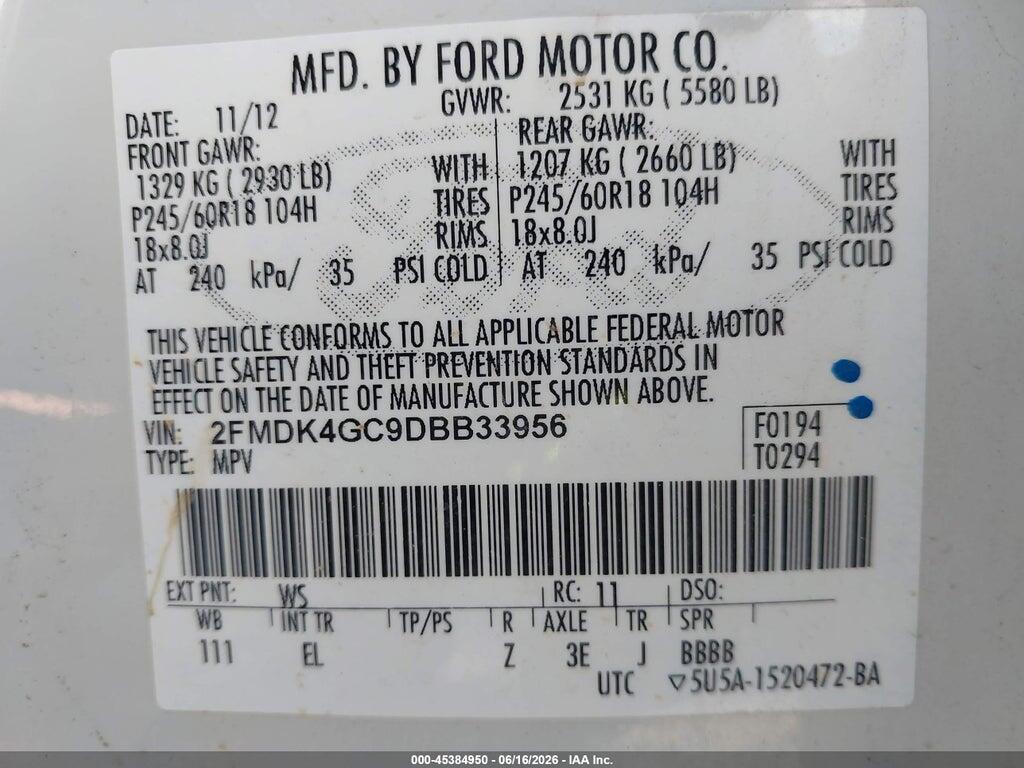 2FMDK4GC9DBB33956 2013 FORD EDGE photo no. 9