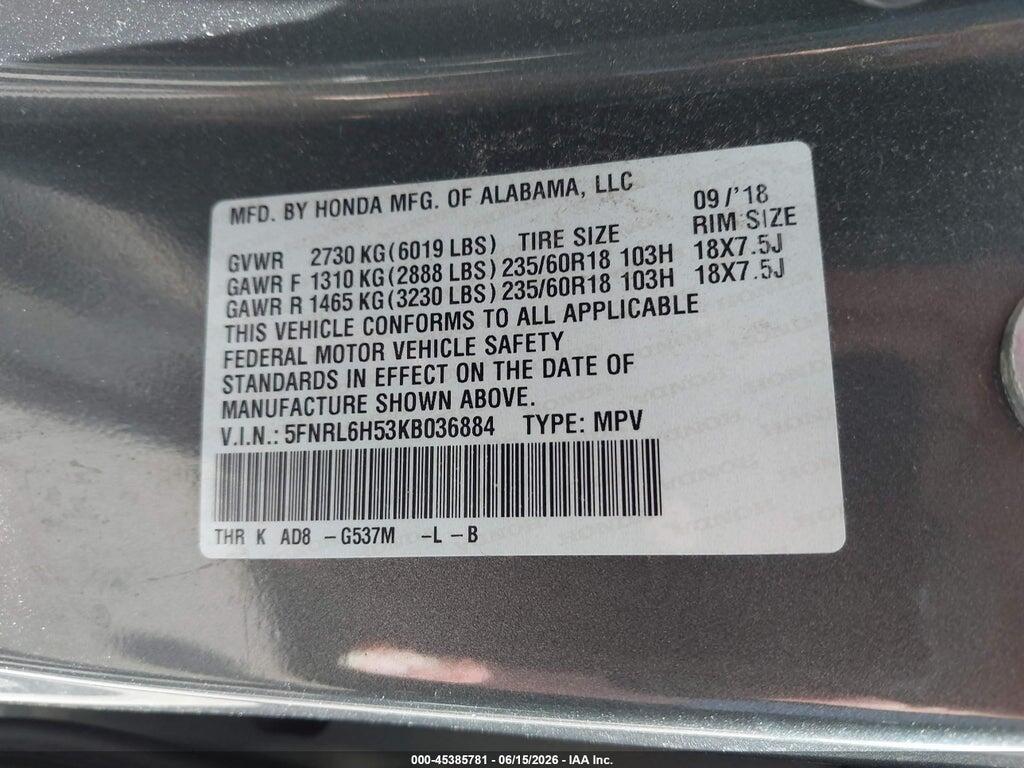 5FNRL6H53KB036884 2019 HONDA ODYSSEY photo no. 9