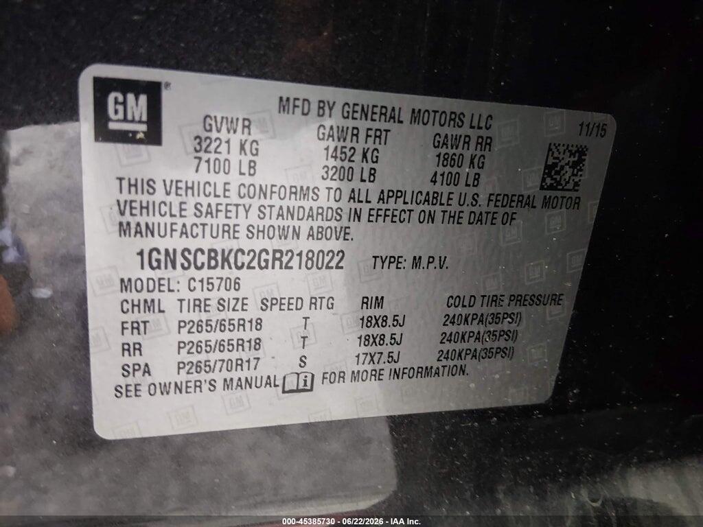 1GNSCBKC2GR218022 2016 CHEVROLET TAHOE photo no. 9