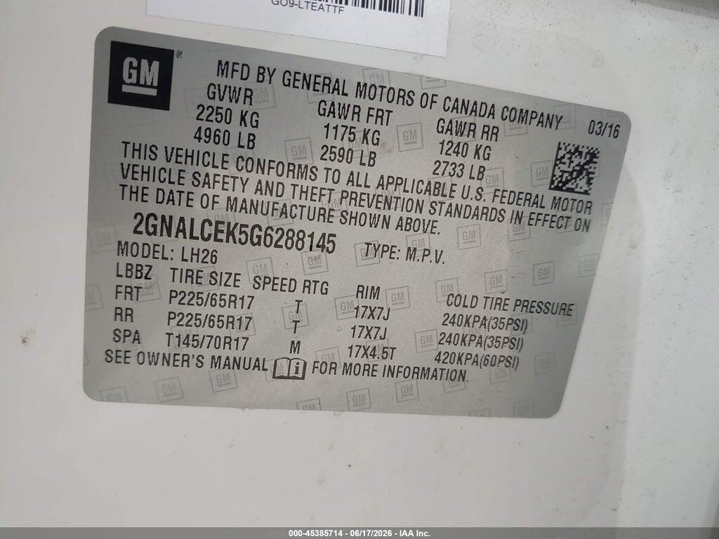 2GNALCEK5G6288145 2016 CHEVROLET EQUINOX photo no. 9