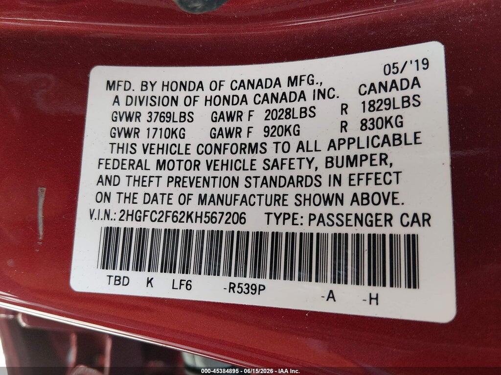 2HGFC2F62KH567206 2019 HONDA CIVIC photo no. 9