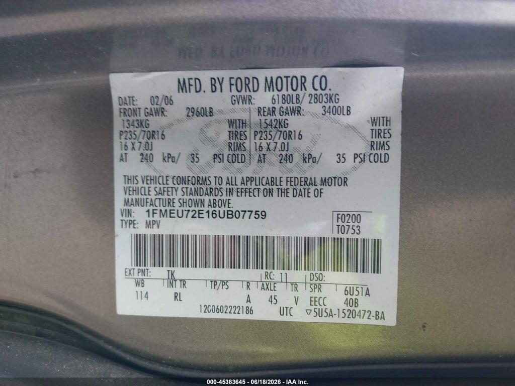 1FMEU72E16UB07759 2006 FORD EXPLORER photo no. 9