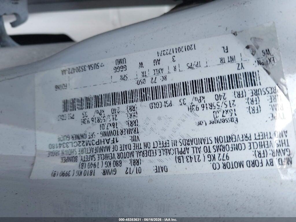 1FAHP3M22CL334180 2012 FORD FOCUS photo no. 9