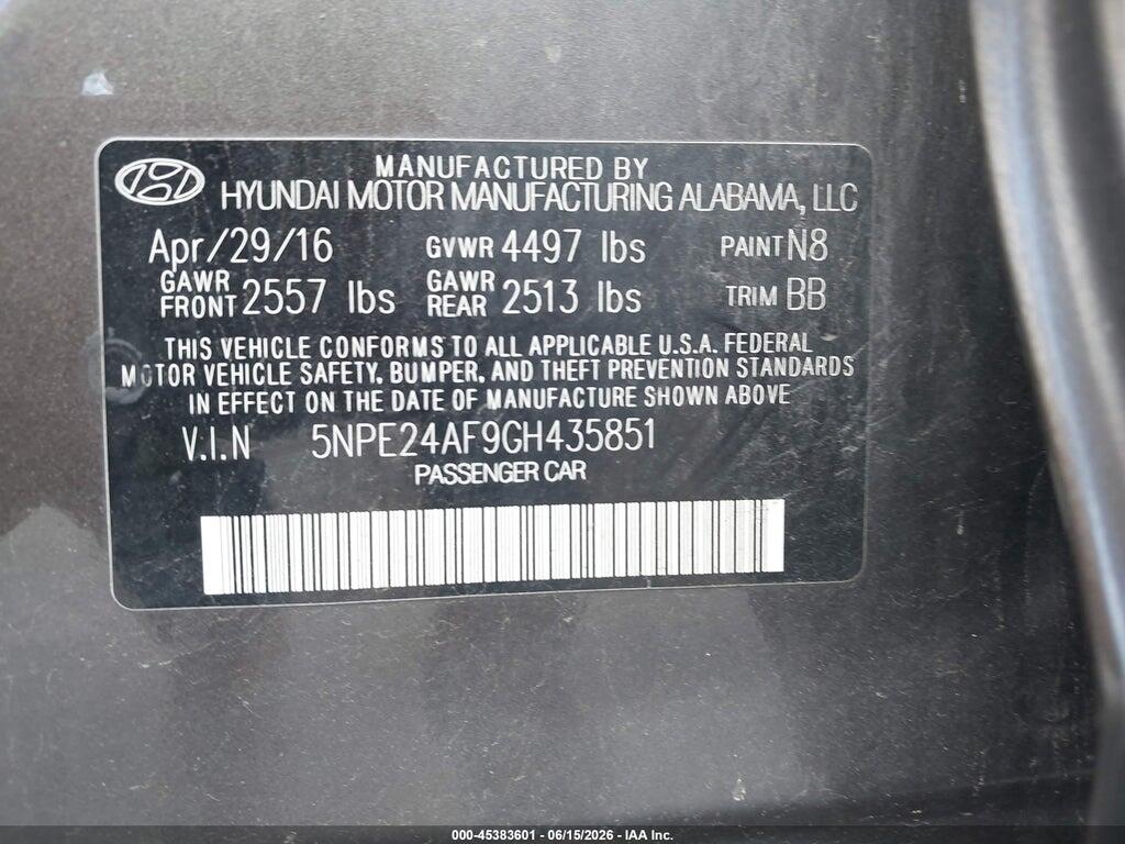 5NPE24AF9GH435851 2016 HYUNDAI SONATA photo no. 9