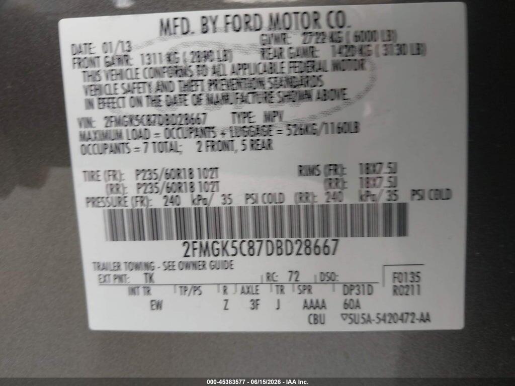 2FMGK5C87DBD28667 2013 FORD FLEX photo no. 9
