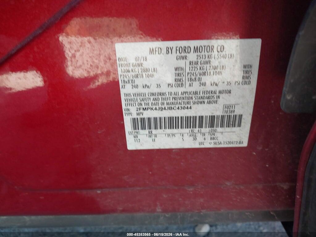 2FMPK4J94JBC43044 2018 FORD EDGE photo no. 9