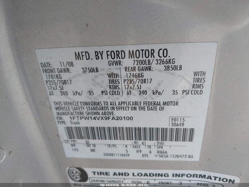 1FTPW14VX9FA20100 2009 FORD F150 photo no. 9