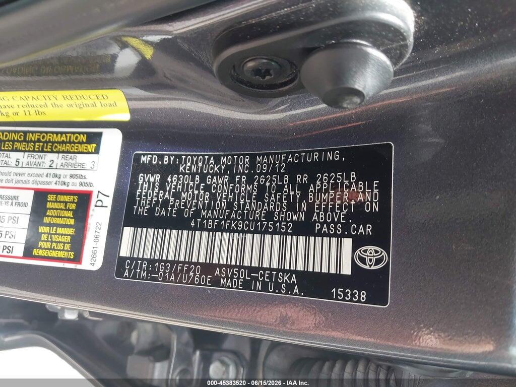 4T1BF1FK9CU175152 2012 TOYOTA CAMRY photo no. 9