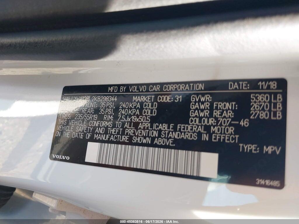 LYV102RL2KB298344 2019 VOLVO XC60 photo no. 9