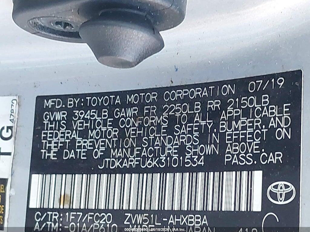 JTDKARFU6K3101534 2019 TOYOTA PRIUS photo no. 9