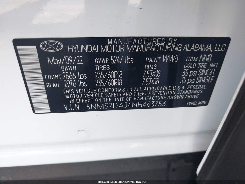 5NMS2DAJ4NH463753 2022 HYUNDAI SANTA FE photo no. 9