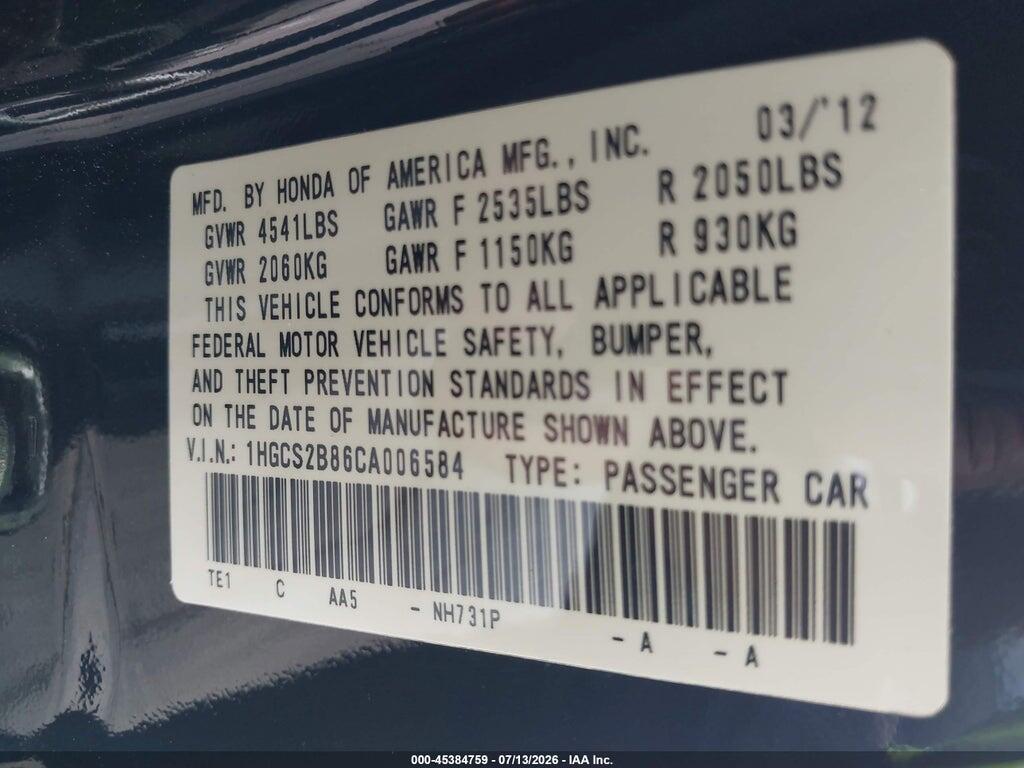 1HGCS2B86CA006584 2012 HONDA ACCORD photo no. 9