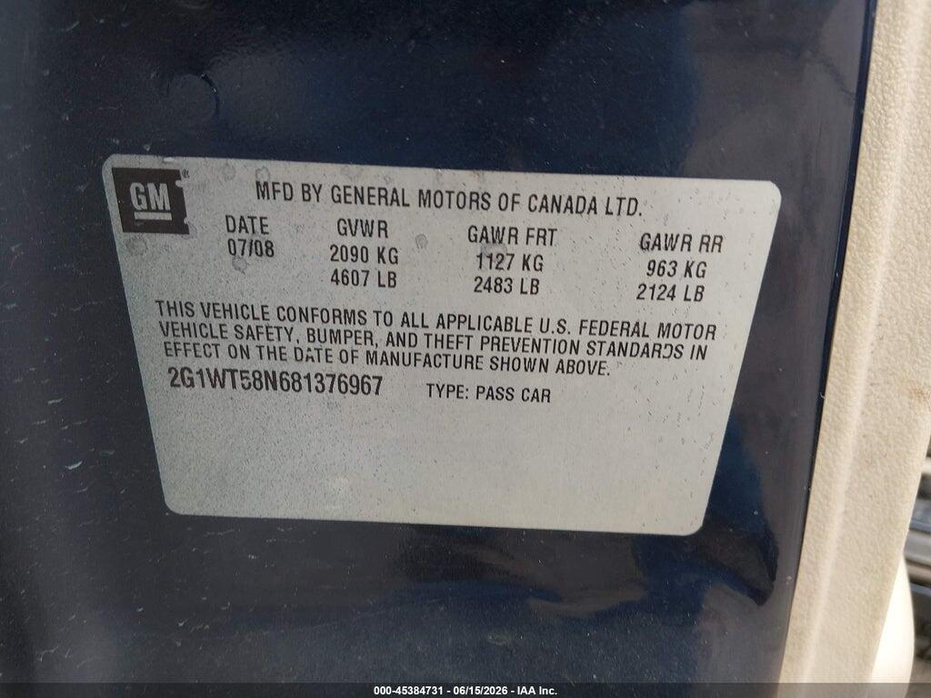 2G1WT58N681376967 2008 CHEVROLET IMPALA photo no. 9
