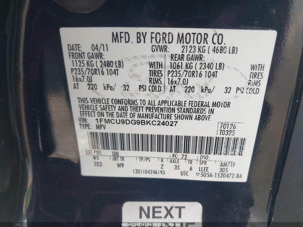1FMCU9DG9BKC24027 2011 FORD ESCAPE photo no. 9