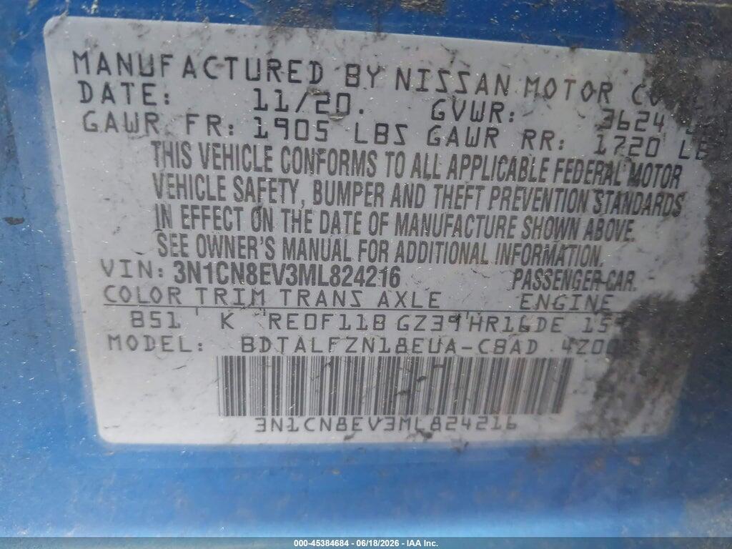 3N1CN8EV3ML824216 2021 NISSAN VERSA photo no. 9