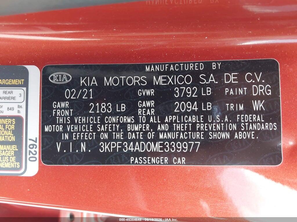 3KPF34AD0ME339977 2021 KIA FORTE photo no. 9