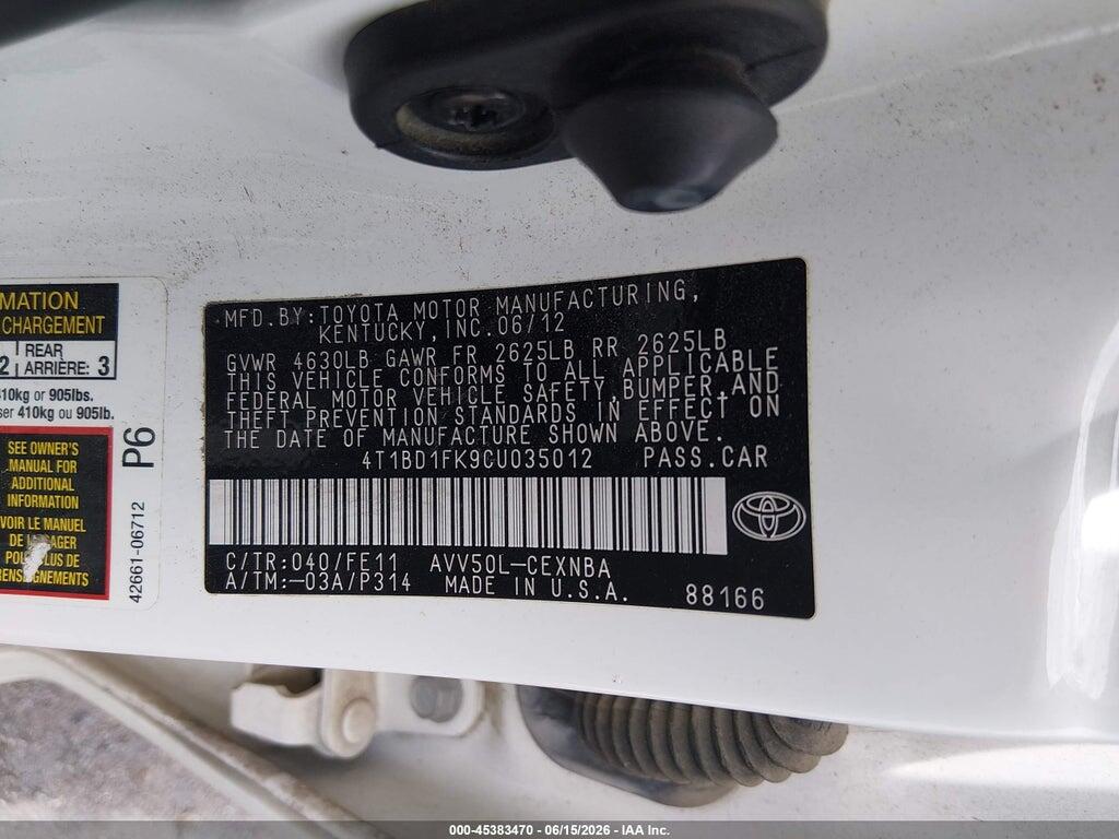 4T1BD1FK9CU035012 2012 TOYOTA CAMRY HYBRID photo no. 9