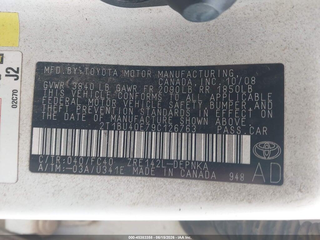 2T1BU40E79C126763 2009 TOYOTA COROLLA photo no. 9