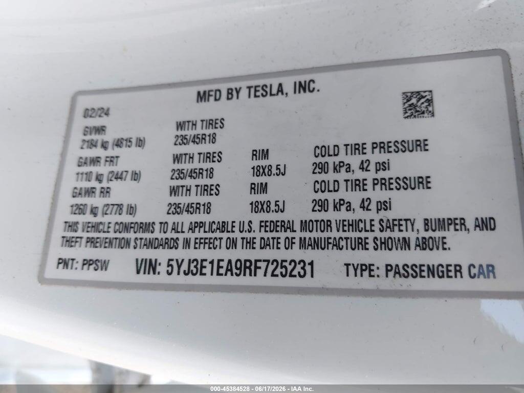 5YJ3E1EA9RF725231 2024 TESLA MODEL 3 photo no. 9