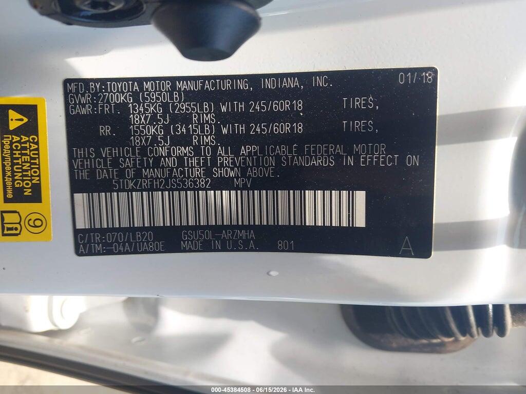 5TDKZRFH2JS536382 2018 TOYOTA HIGHLANDER photo no. 9