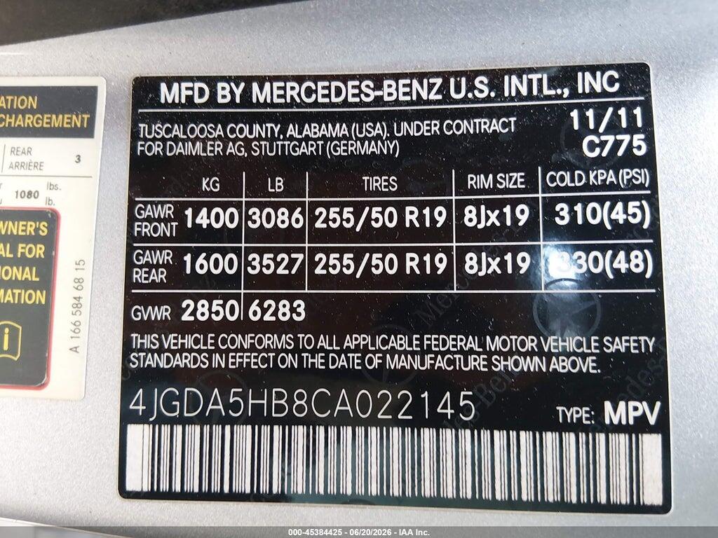 4JGDA5HB8CA022145 2012 MERCEDES-BENZ ML 350 photo no. 9