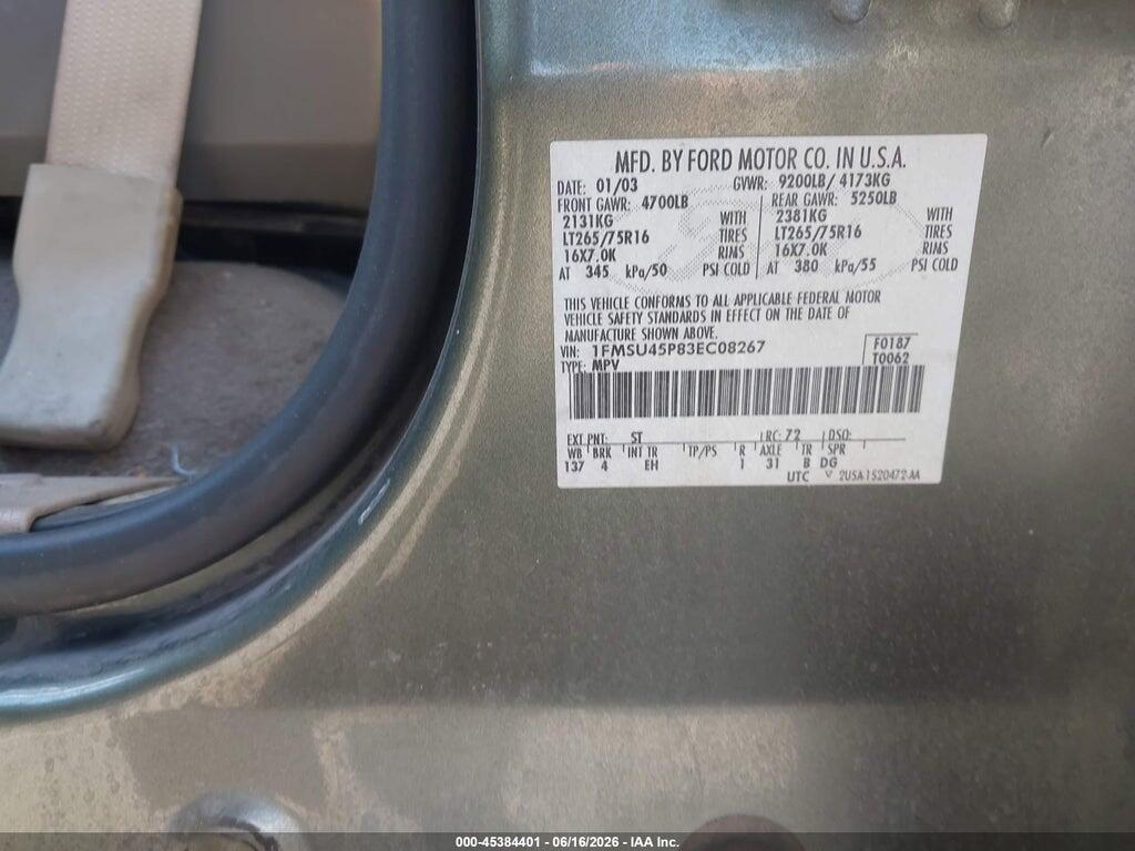 1FMSU45P83EC08267 2003 FORD EXCURSION photo no. 9