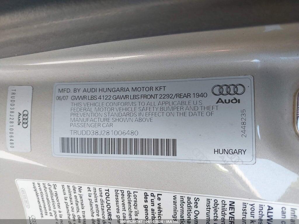 TRUDD38J281006480 2008 AUDI TT photo no. 9
