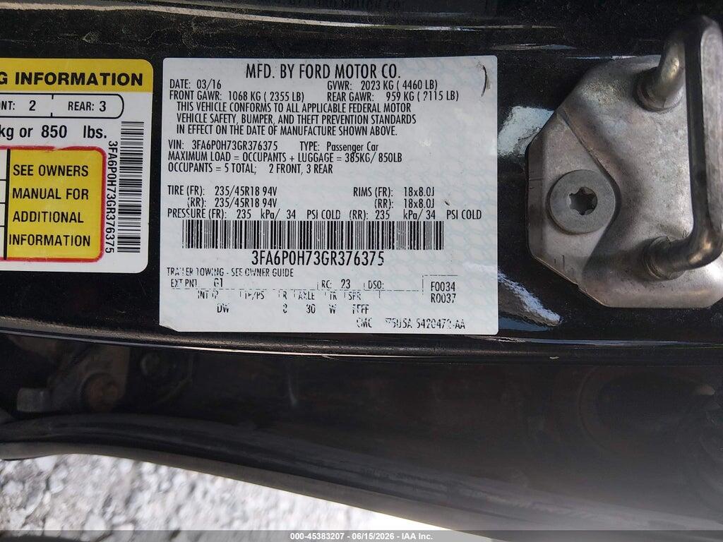 3FA6P0H73GR376375 2016 FORD FUSION photo no. 9