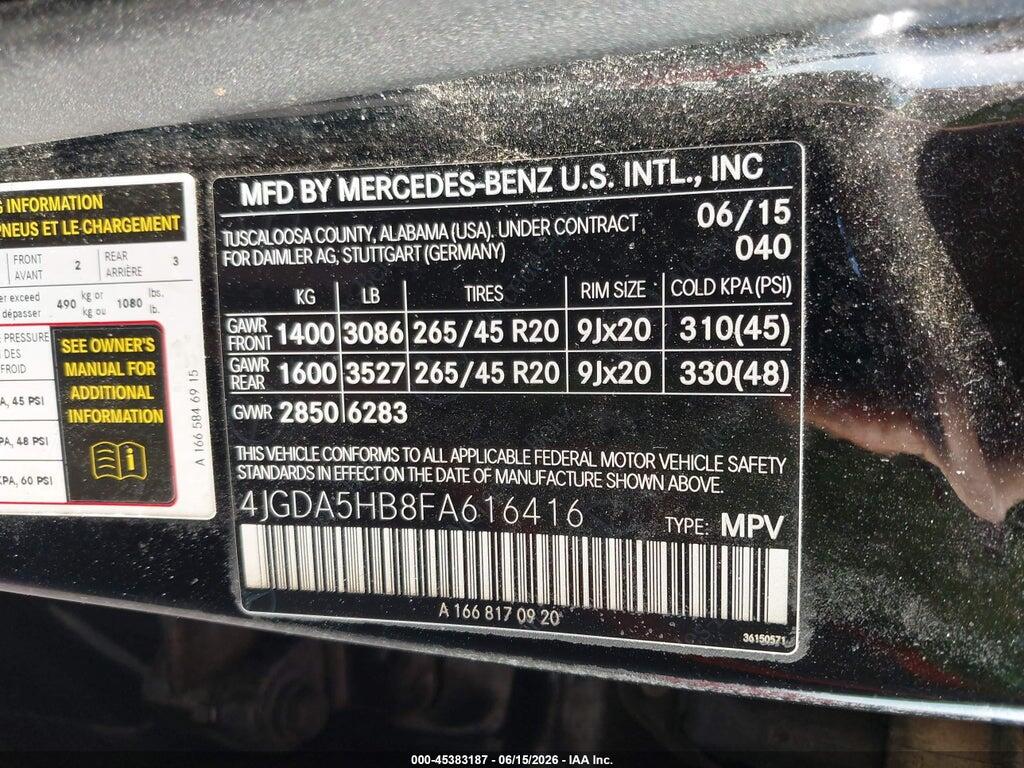 4JGDA5HB8FA616416 2015 MERCEDES-BENZ ML 350 photo no. 9