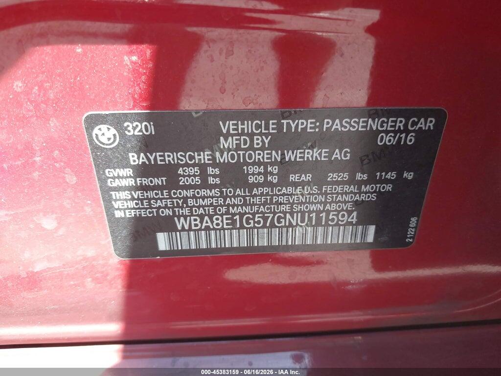 WBA8E1G57GNU11594 2016 BMW 320I photo no. 9