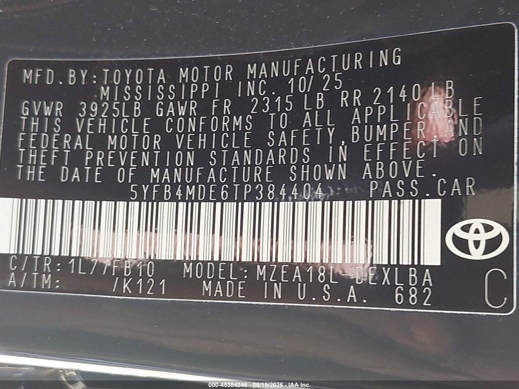 5YFB4MDE6TP384404 2026 TOYOTA COROLLA photo no. 9
