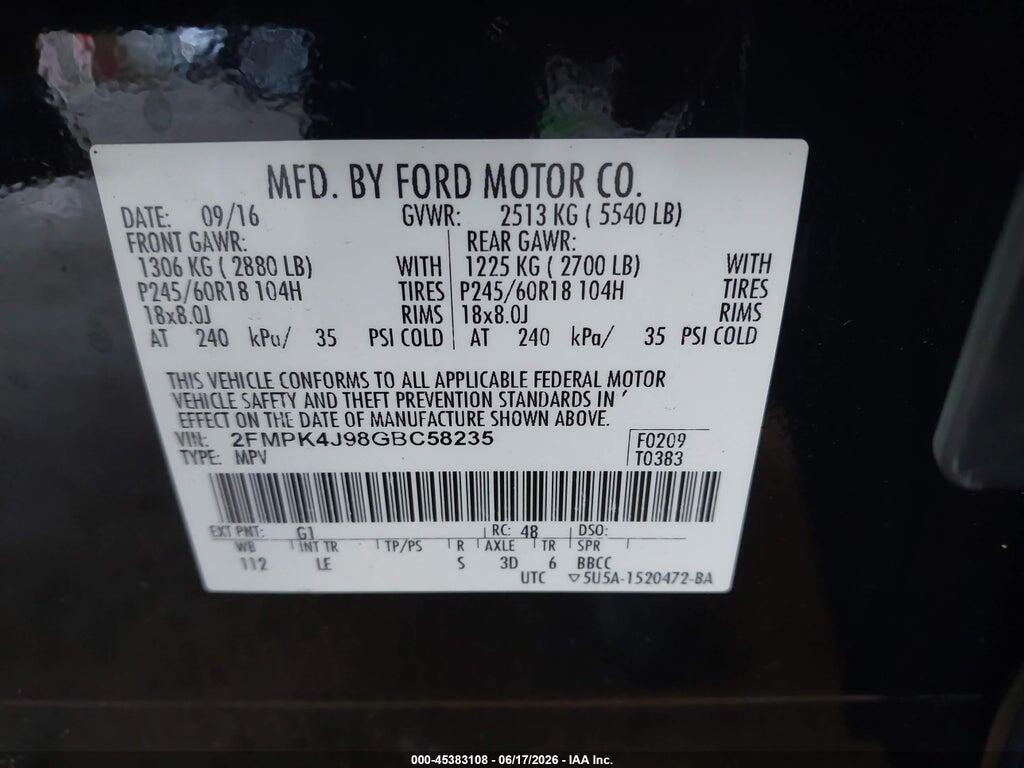 2FMPK4J98GBC58235 2016 FORD EDGE photo no. 9