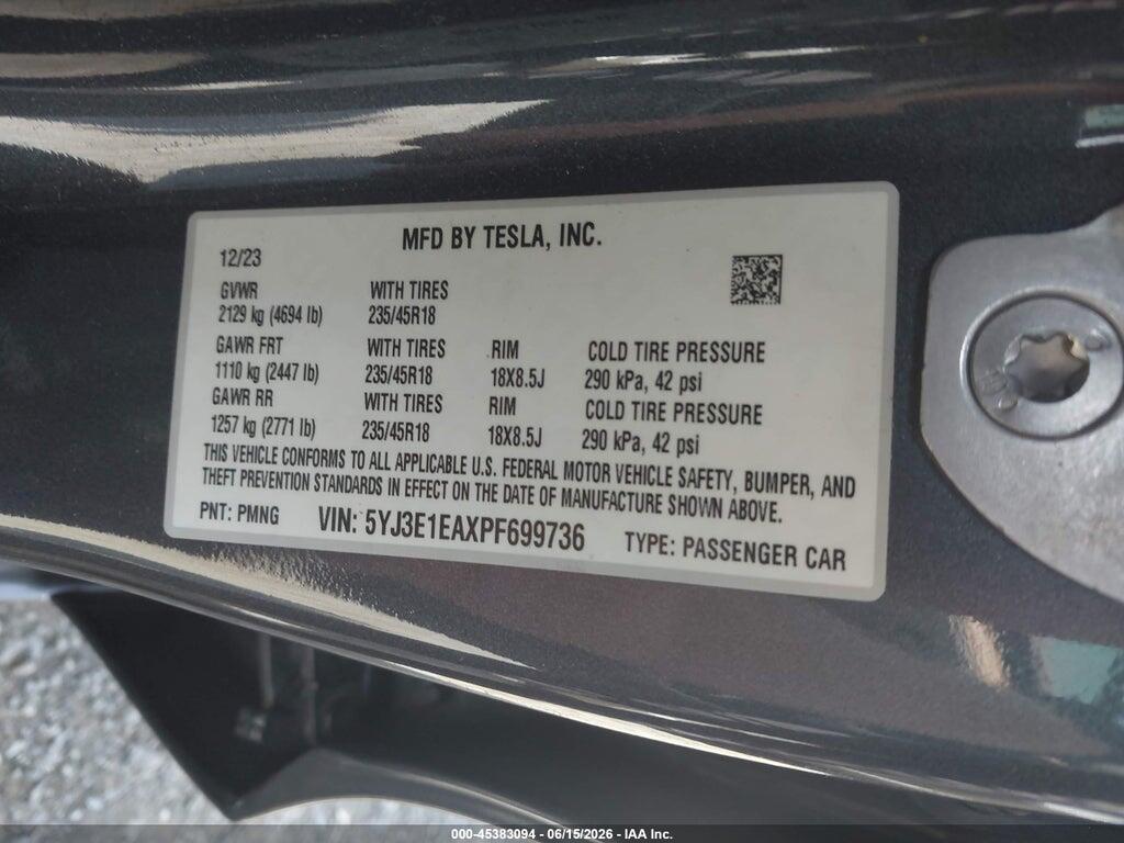 5YJ3E1EAXPF699736 2023 TESLA MODEL 3 photo no. 9
