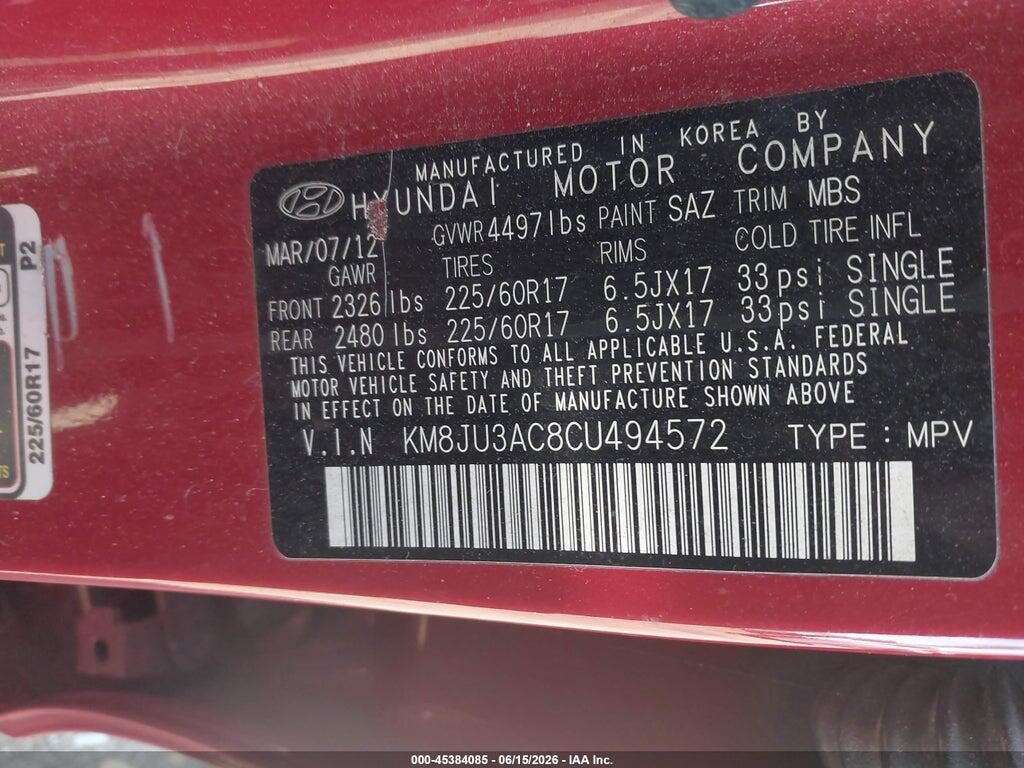 KM8JU3AC8CU494572 2012 HYUNDAI TUCSON photo no. 9