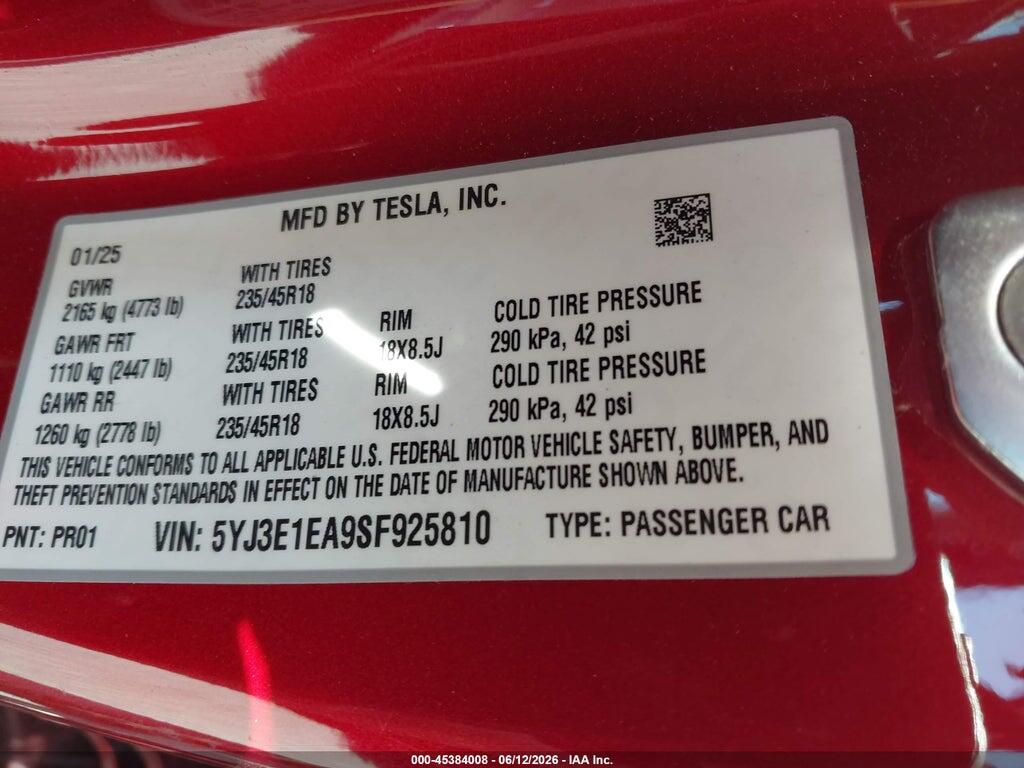 5YJ3E1EA9SF925810 2025 TESLA MODEL 3 photo no. 9