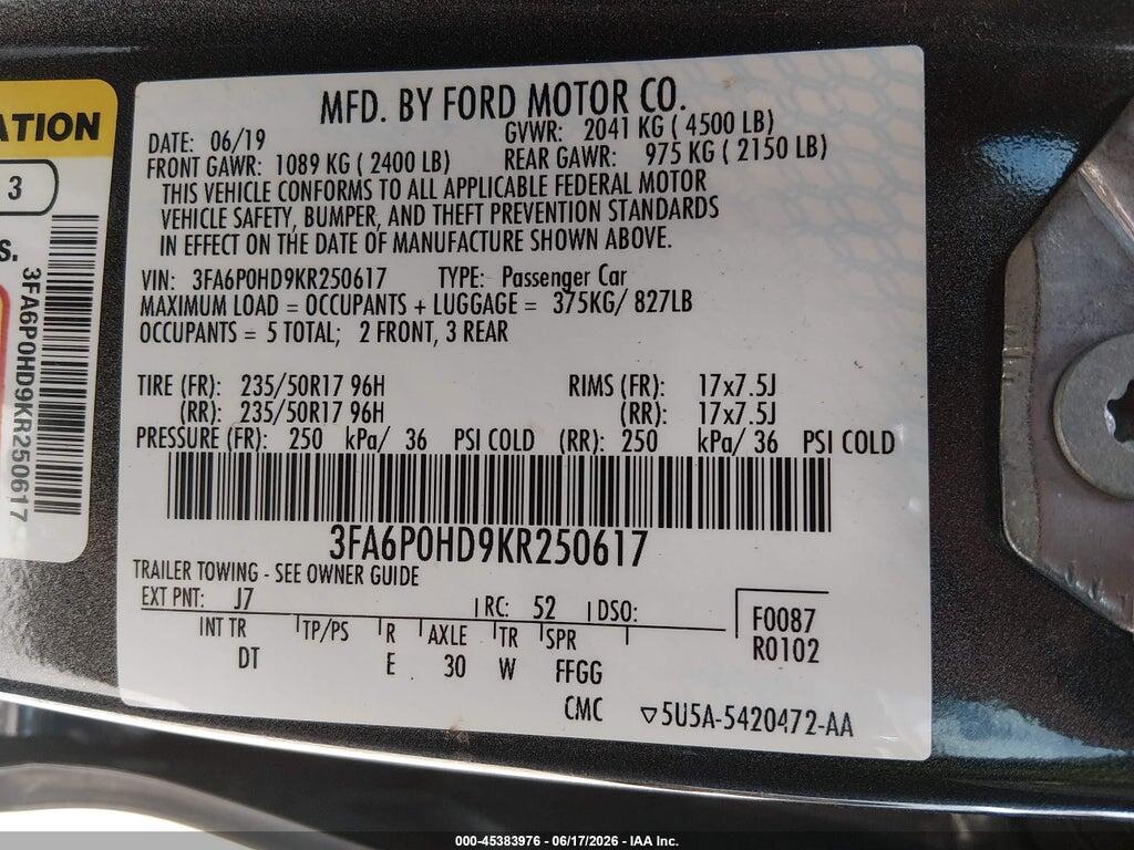 3FA6P0HD9KR250617 2019 FORD FUSION photo no. 9
