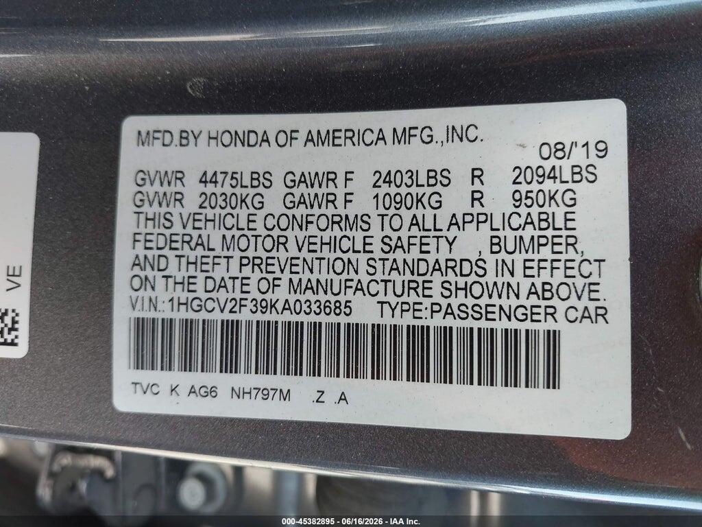 1HGCV2F39KA033685 2019 HONDA ACCORD photo no. 9