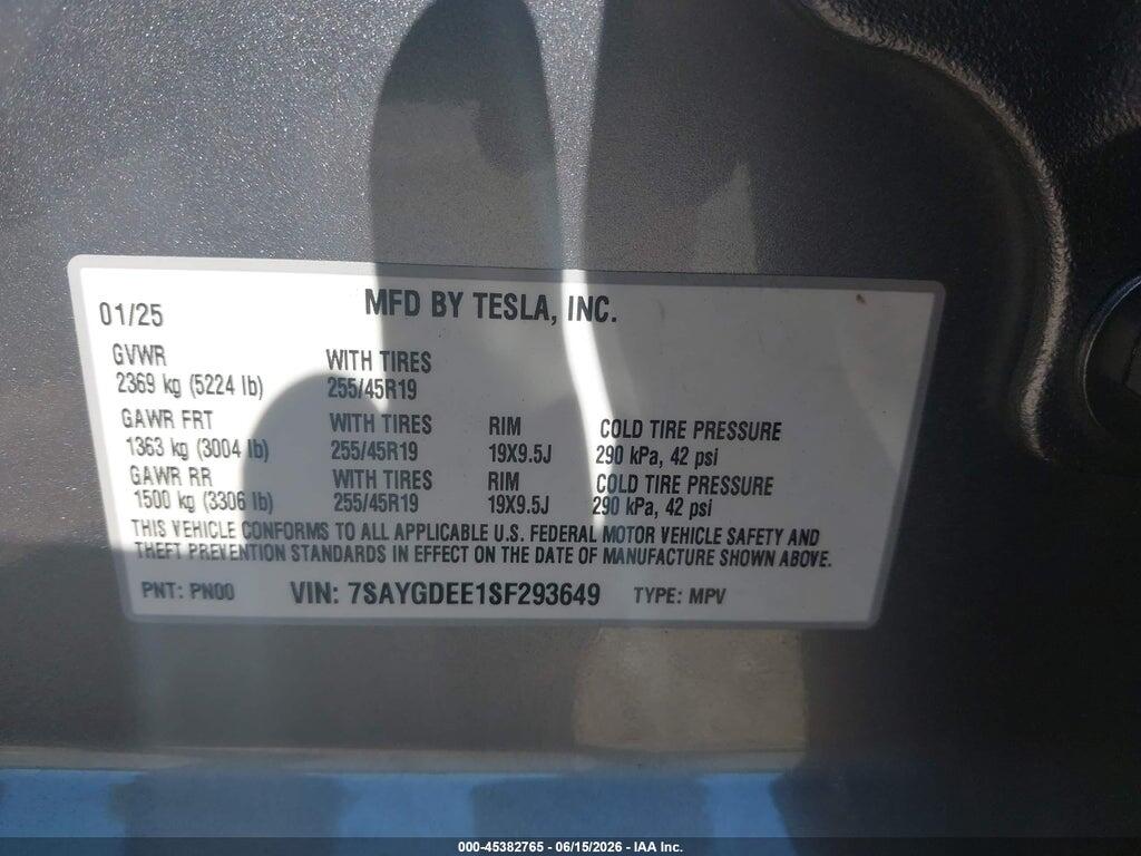 7SAYGDEE1SF293649 2025 TESLA MODEL Y photo no. 9