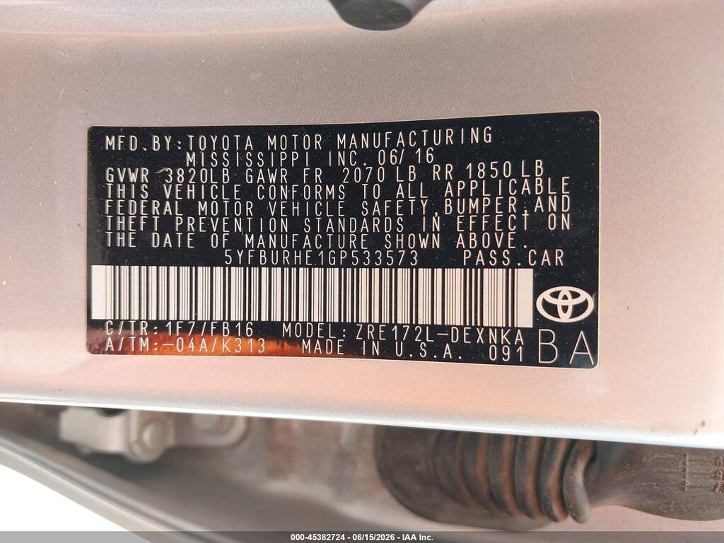 5YFBURHE1GP533573 2016 TOYOTA COROLLA photo no. 9