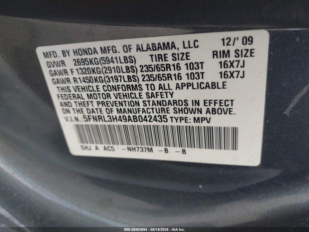 5FNRL3H49AB042435 2010 HONDA ODYSSEY photo no. 9