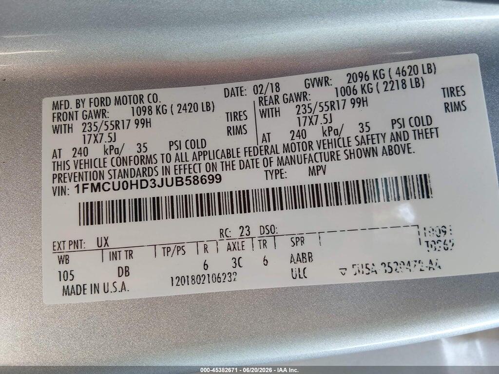 1FMCU0HD3JUB58699 2018 FORD ESCAPE photo no. 9