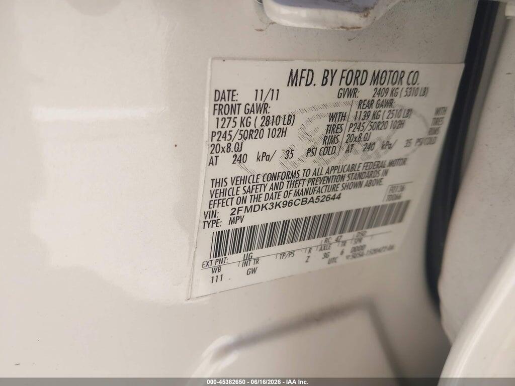 2FMDK3K96CBA52644 2012 FORD EDGE photo no. 9