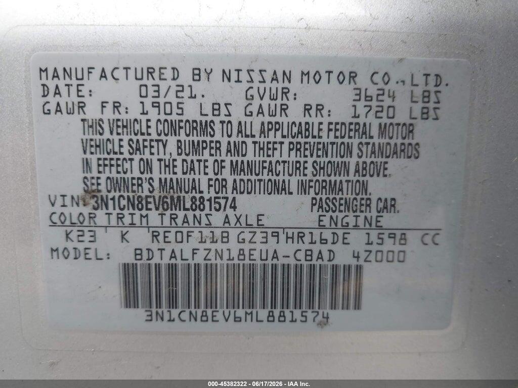 3N1CN8EV6ML881574 2021 NISSAN VERSA photo no. 9