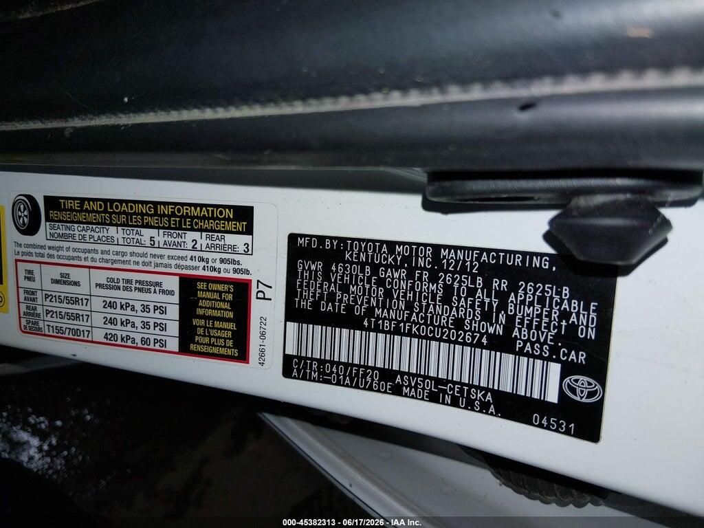 4T1BF1FK0CU202674 2012 TOYOTA CAMRY photo no. 9